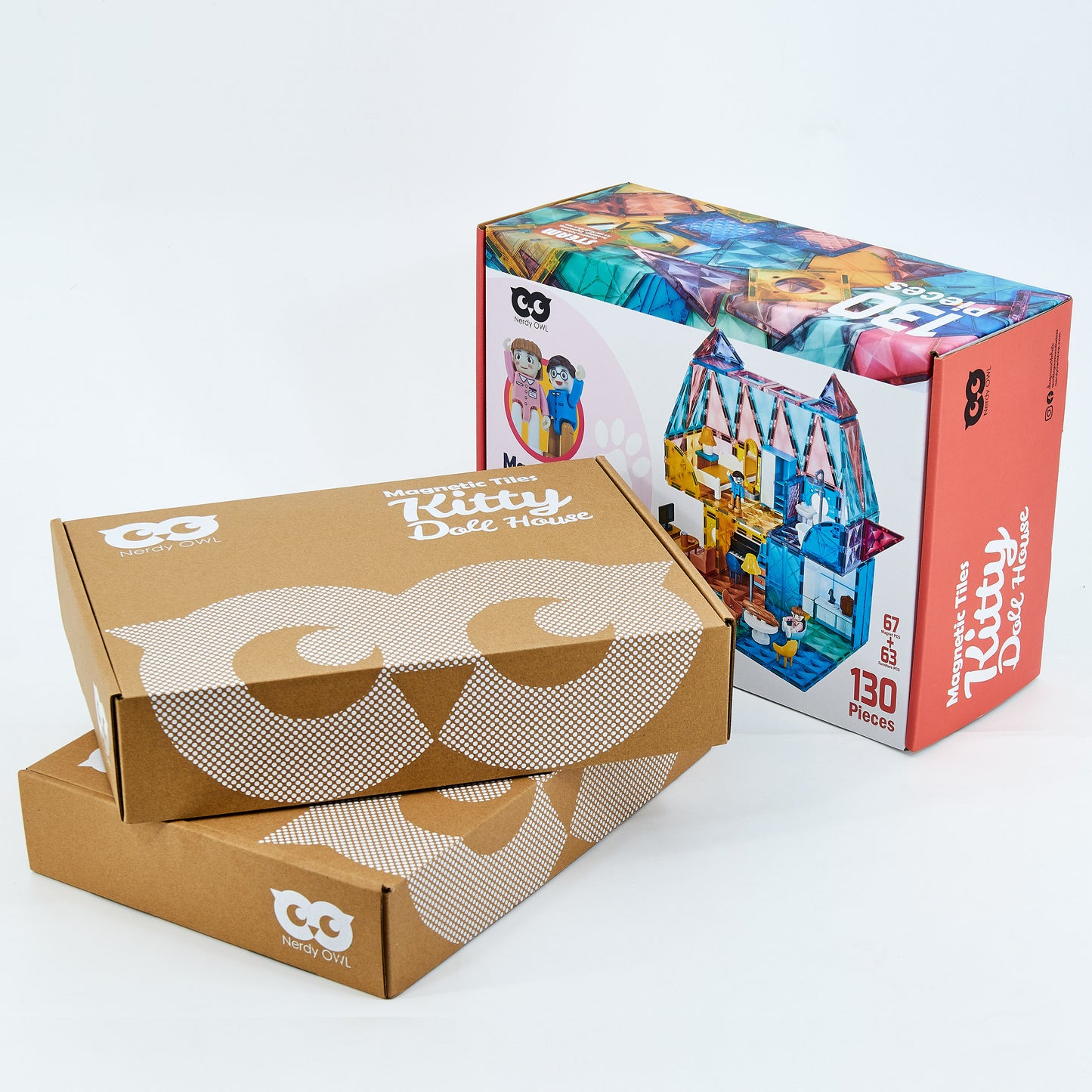 Nerdy Owl Magnetic Tiles Kitty Dollhouse 130 ชิ้น ตัวต่อแม่เหล็กบ้านตุ๊กตาแมวเหมียว