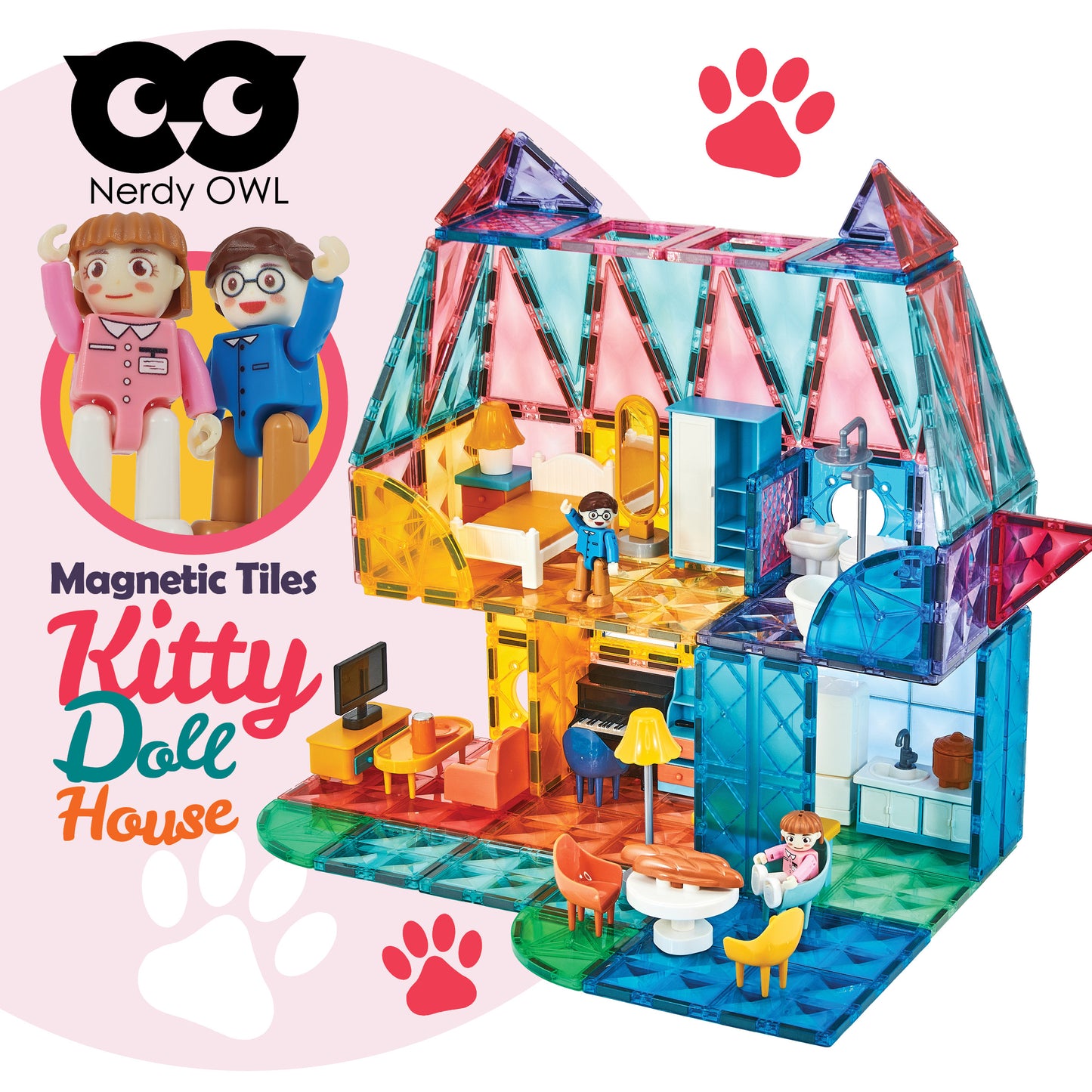 Nerdy Owl Magnetic Tiles Kitty Dollhouse 130 ชิ้น ตัวต่อแม่เหล็กบ้านตุ๊กตาแมวเหมียว