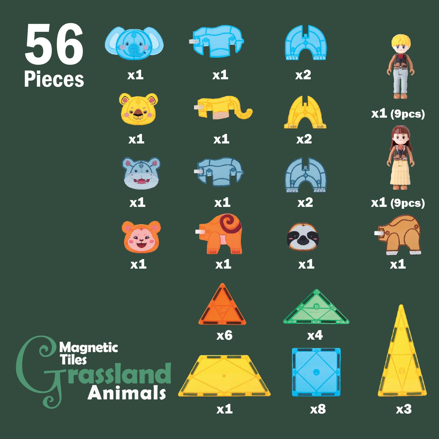 Magnetic Tiles Grassland Animals 56 pieces